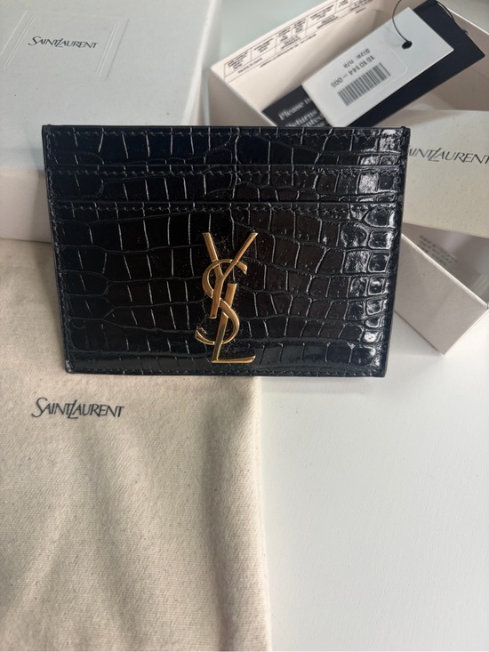 Saint Laurent Accessories - Saint Laurent Black Croc-Embossed Leather Card Case with Gold Logo Accent